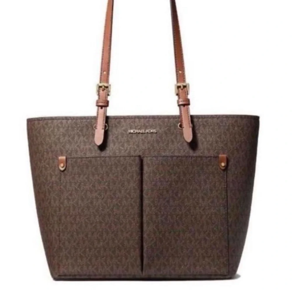 Michael Kors Signature Double Pocket Tote Shoulder Bag Brown
